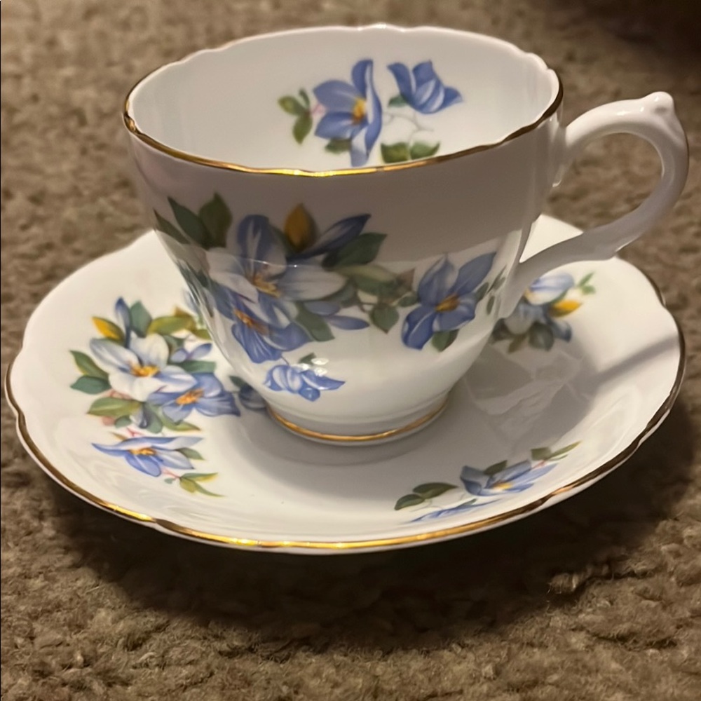 Vintage Regency Floral Blue and White Teacup and Saucer Set
